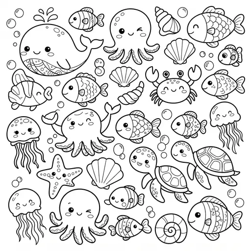 Kawaii Animal Coloring Page — Kawaii Sea Creatures Collage with Bubbles