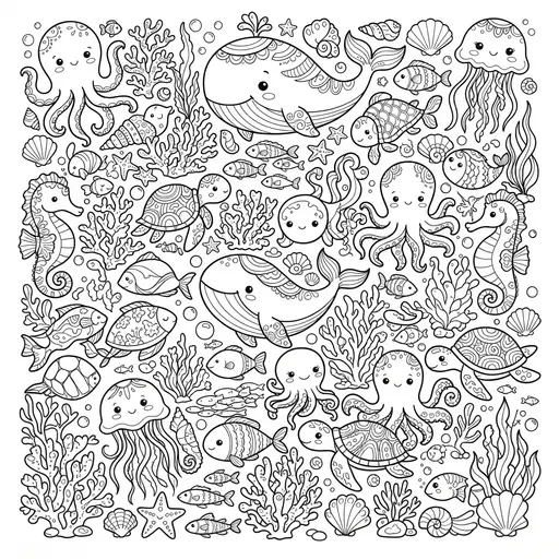 Kawaii Animal Coloring Page for Adults — Kawaii Sea Life Collage