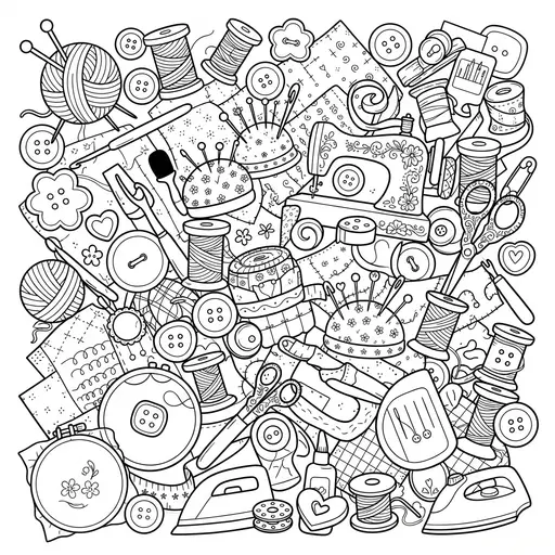 Cute Kawaii Coloring Page for Adults — Doodle Collage With Tools and Fabric