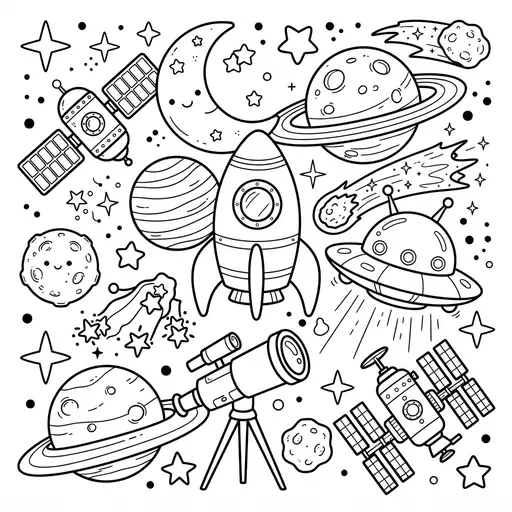 Cute Kawaii Coloring Page — Kawaii Planets And Rockets Collage