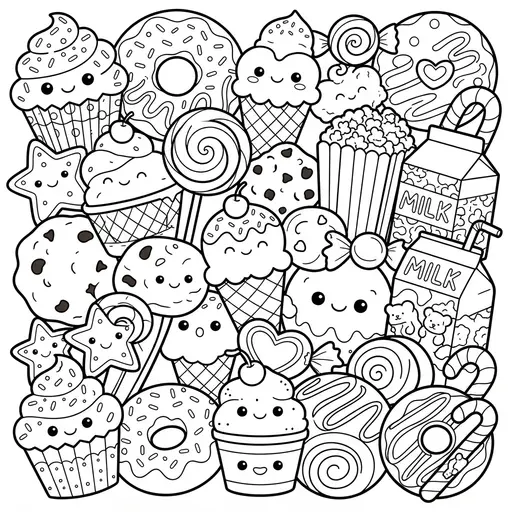 Kawaii Food Coloring Page — Kawaii Collage of Treats
