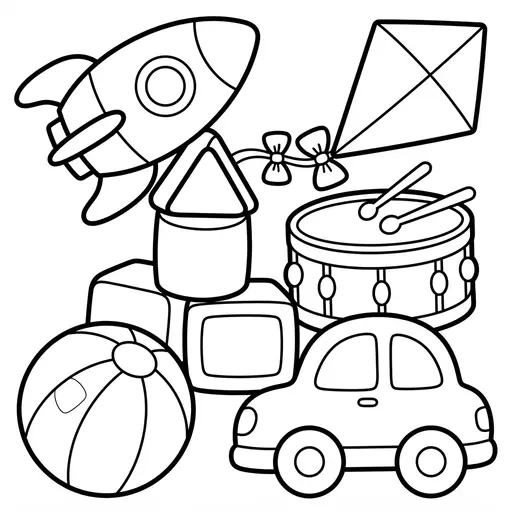 Easy Cute Kawaii Coloring Page — Collage of Various Playthings