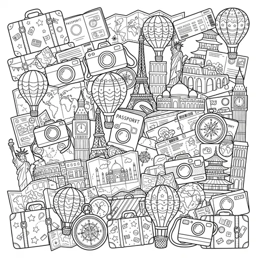 Cute Kawaii Coloring Page for Adults — Collage of Landmarks and Gear