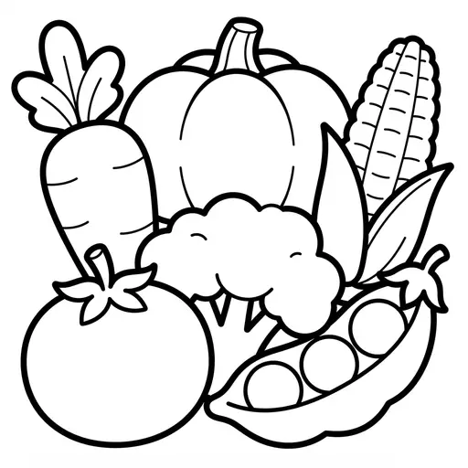 Easy Kawaii Food Coloring Page — Collage of Fresh Garden Produce
