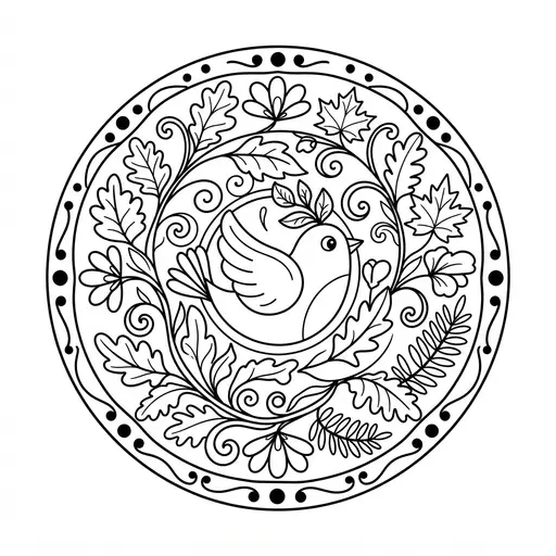 Animal Mandala Coloring Page for Adults — Bird with Leaves and Flowers