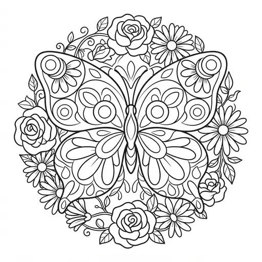 Mandala Coloring Page for Adults — Butterfly and Flowers