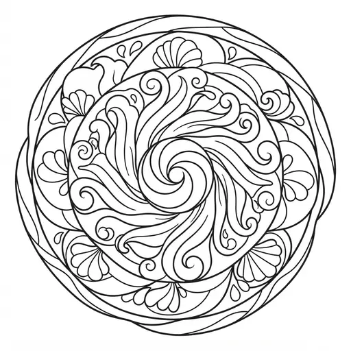 Mandala Coloring Page for Adults — Ocean Waves and Swirls