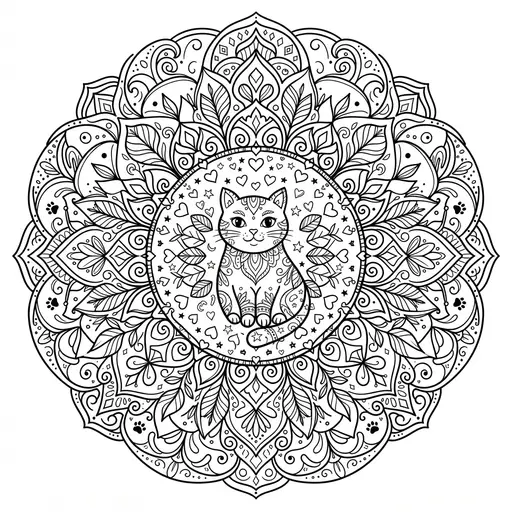 Animal Mandala Coloring Page for Adults — Cat with Hearts and Leaves
