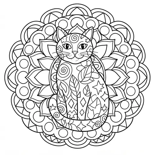 Animal Mandala Coloring Page for Adults — Cat Seated in Flowers