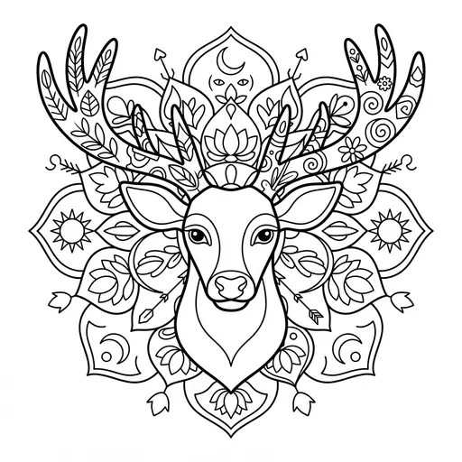 Animal Mandala Coloring Page for Adults — Deer with Patterned Antlers
