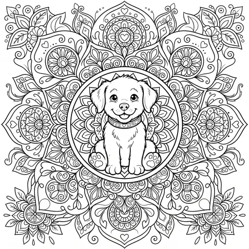Animal Mandala Coloring Page for Adults — Sitting Puppy