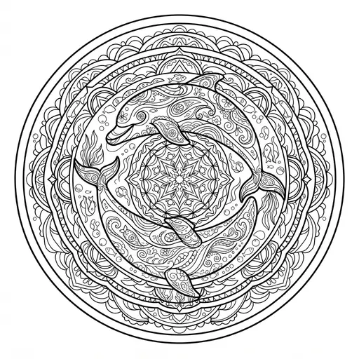 Animal Mandala Coloring Page for Adults — Two Dolphins Swimming in a Circle