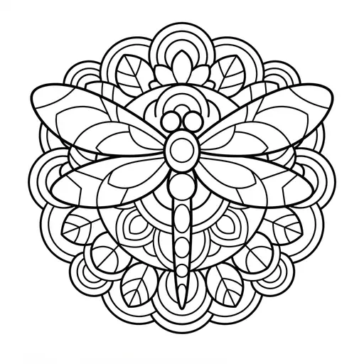 Animal Mandala Coloring Page for Adults — Dragonfly with Leaves