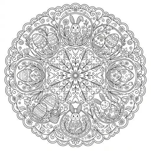 Mandala Coloring Page for Adults — Easter Bunnies and Flowers