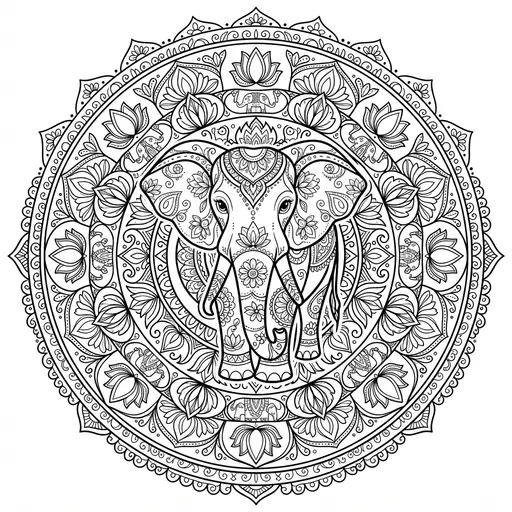Animal Mandala Coloring Page for Adults — Elephant with Lotus Flowers