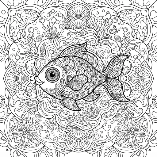 Animal Mandala Coloring Page for Adults — Fish with Underwater Patterns