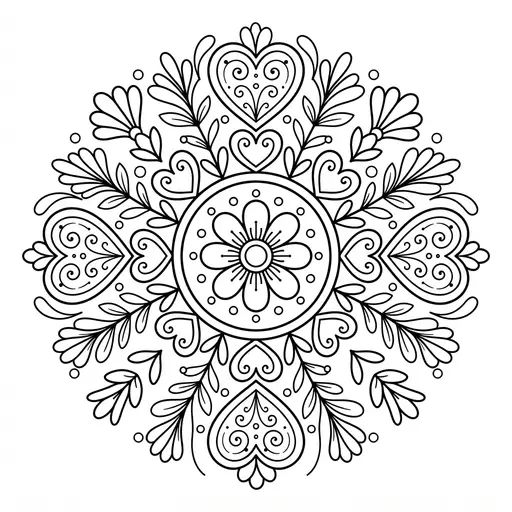 Mandala Coloring Page for Adults — Heart And Flower Pattern