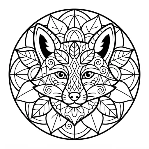 Animal Mandala Coloring Page for Adults — Fox with Leaf Patterns