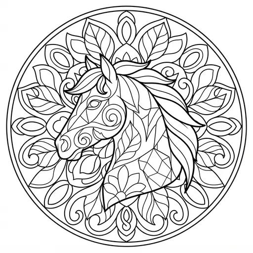 Animal Mandala Coloring Page for Adults — Horse with Leaf Patterns