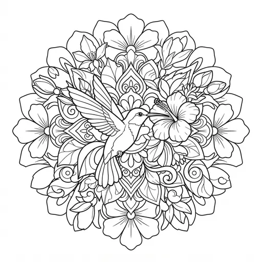 Animal Mandala Coloring Page for Adults — Hummingbird Flying Near Hibiscus
