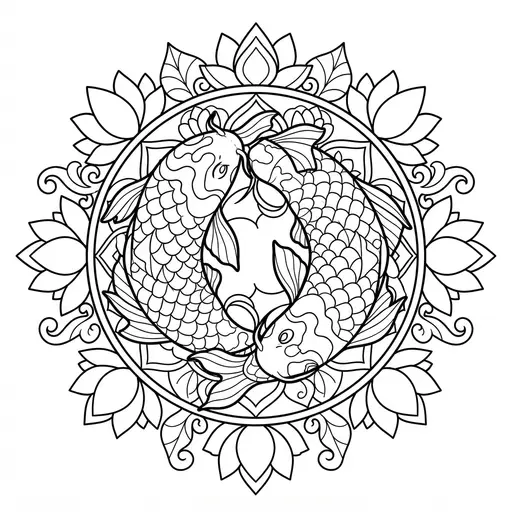 Animal Mandala Coloring Page for Adults — Two Koi Fish with Lotus Flowers