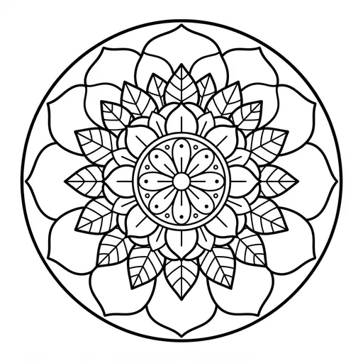 Mandala Coloring Page for Adults — Layered Petals and Leaf Rings