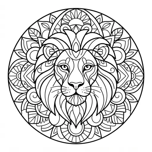 Animal Mandala Coloring Page for Adults — Lion with Patterned Face