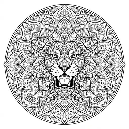 Animal Mandala Coloring Page for Adults — Lion with Floral Mane