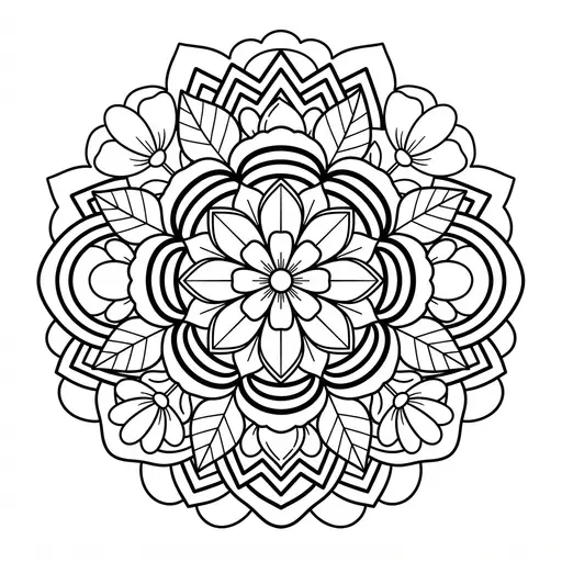 Mandala Coloring Page for Adults — Leaves, Flowers and Geometric Rings
