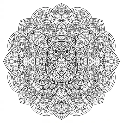 Animal Mandala Coloring Page for Adults — Owl with Floral Patterns