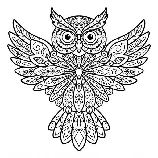 Animal Mandala Coloring Page for Adults — Owl with Patterned Feathers