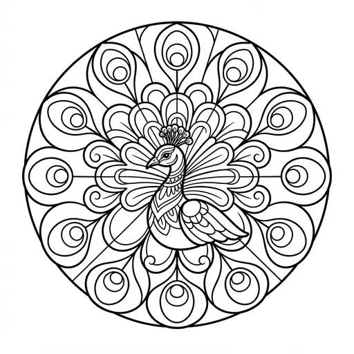 Animal Mandala Coloring Page for Adults — Peacock with Patterned Tail Feathers