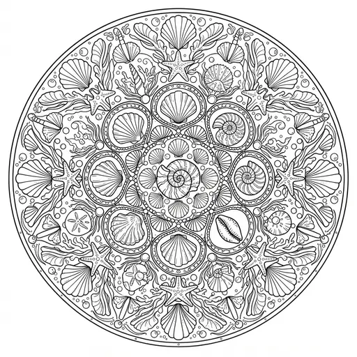 Mandala Coloring Page for Adults — Seashells and Sea Life