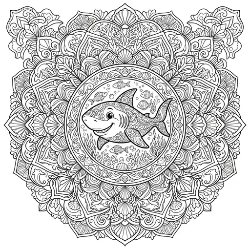 Animal Mandala Coloring Page for Adults — Friendly Shark in a Mandala