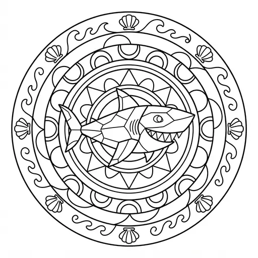 Animal Mandala Coloring Page for Adults — Geometric Shark in Circular Mandala