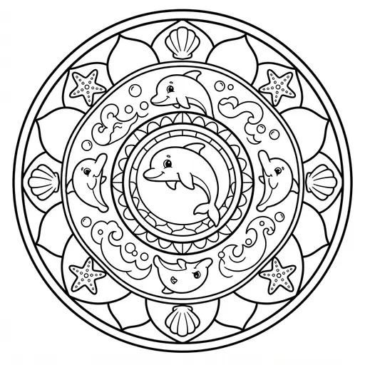 Animal Mandala Coloring Page — Dolphins and Sea Creatures