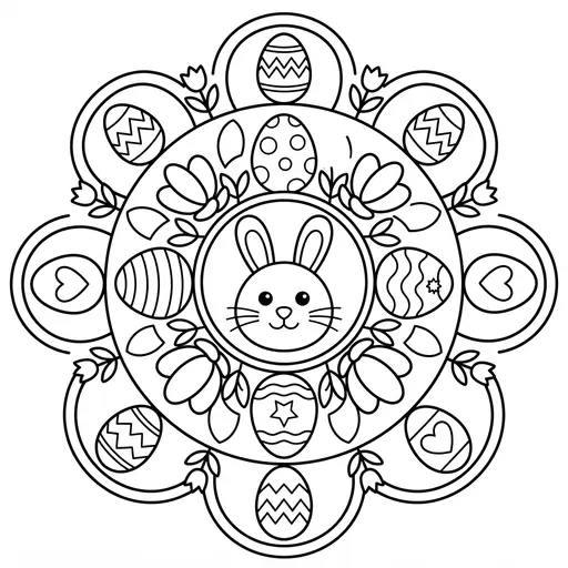 Mandala Coloring Page — Easter Bunny with Eggs and Flowers