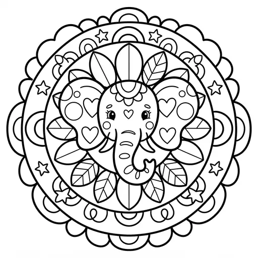 Animal Mandala Coloring Page — Cute Elephant and Floral Mandala