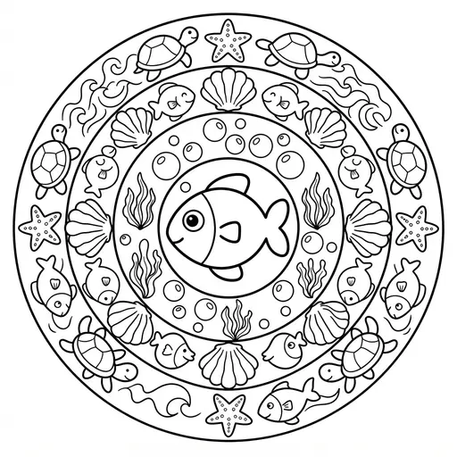 Animal Mandala Coloring Page — Simple Ocean Life with Fish and Turtles
