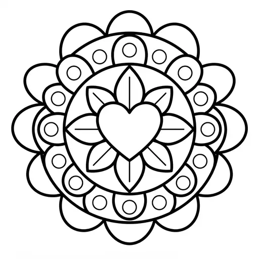 Mandala Coloring Page — Simple Heart with Flower Petals