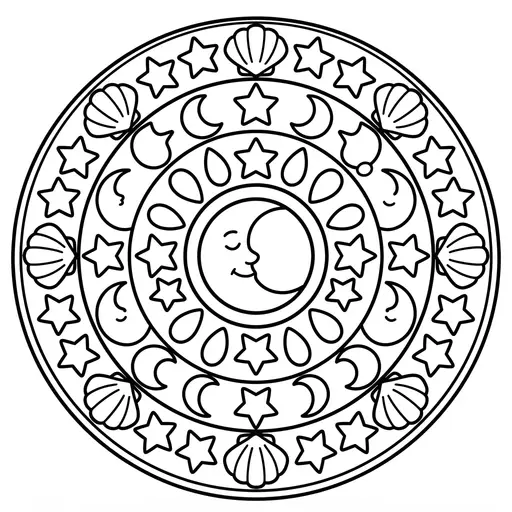 Mandala Coloring Page — Celestial Moon and Stars