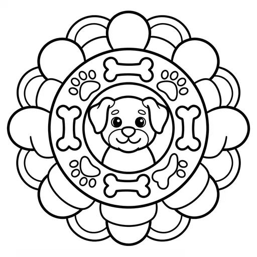 Animal Mandala Coloring Page — Simple Puppy Mandala with Bones and Paws