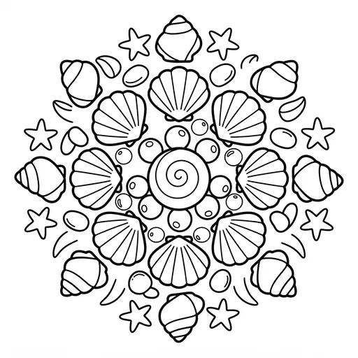 Mandala Coloring Page — Seashells and Starfish