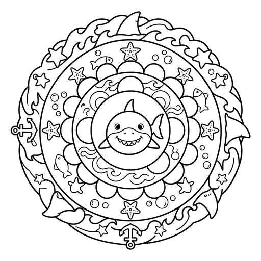 Animal Mandala Coloring Page — Shark with Sea Life