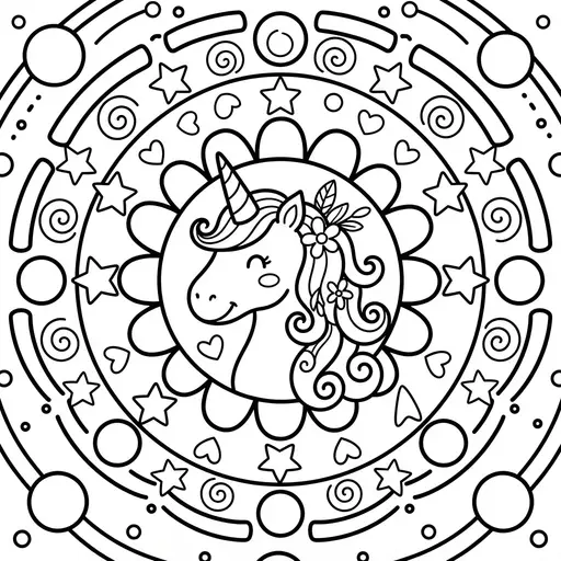 Mandala Coloring Page — Unicorn with Stars