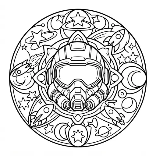 Mandala Coloring Page for Adults — Futuristic Helmet Mandala with Rockets