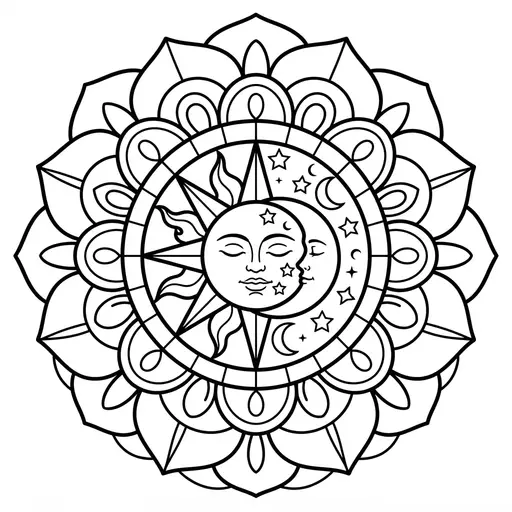 Mandala Coloring Page for Adults — Sun and Moon in Center
