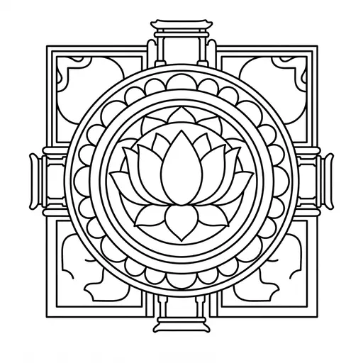 Mandala Coloring Page for Adults — Lotus Flower and Four Gates