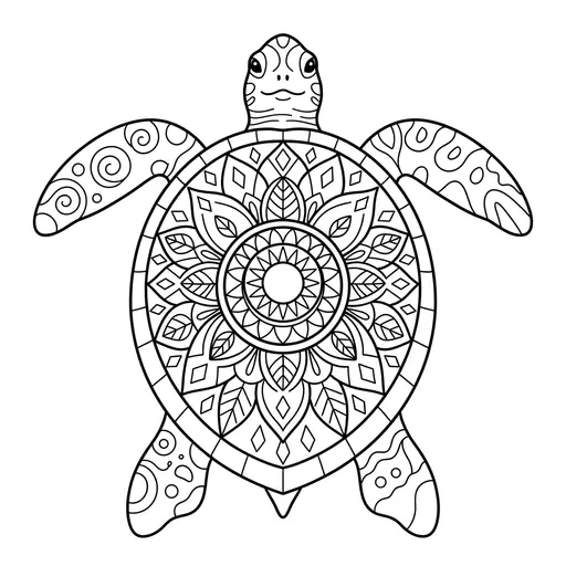 Animal Mandala Coloring Page for Adults — Turtle with Shell and Patterned Flippers