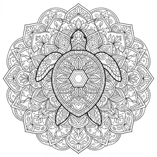 Animal Mandala Coloring Page for Adults — Turtle with Floral Pattern